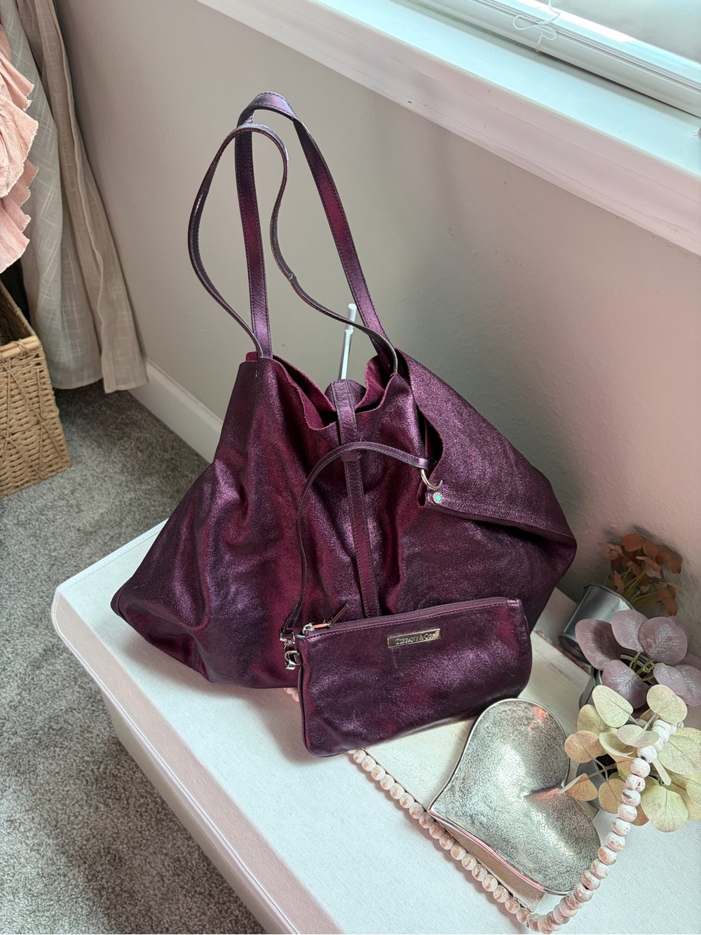 Tiffany & Co. Metallic Plum Leather Tote and Matching Pouch